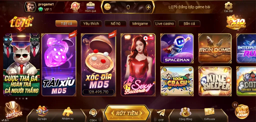 Giao diện sảnh nổ hũ LC79 hiện đại với nhiều trò chơi hấp dẫn