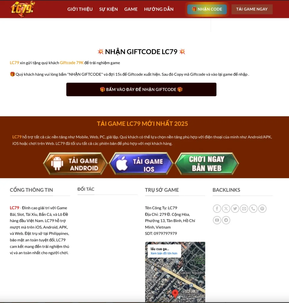 Giao diện trang tải app LC79 với hướng dẫn nhận giftcode và các nút tải game cho Android, iOS, Web