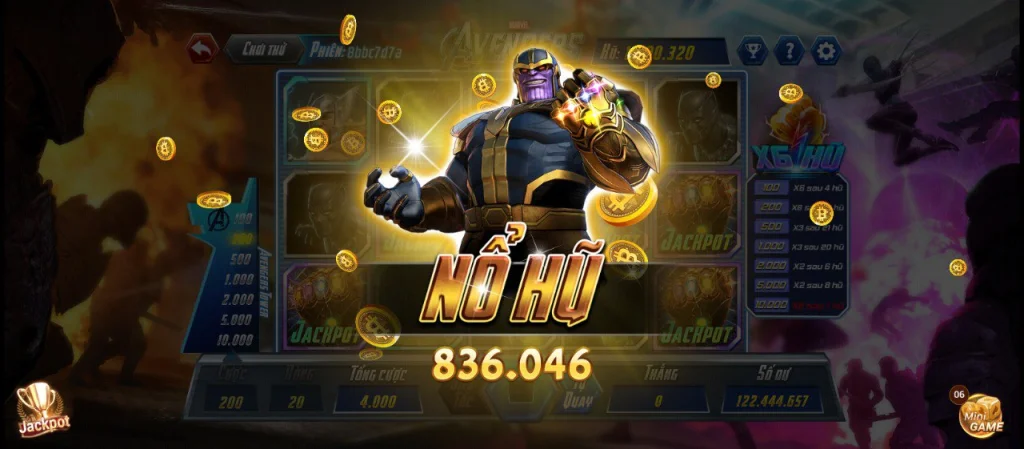 Giao diện game slot Avengers LC79 với Thanos và phần thưởng nổ hũ cực lớn