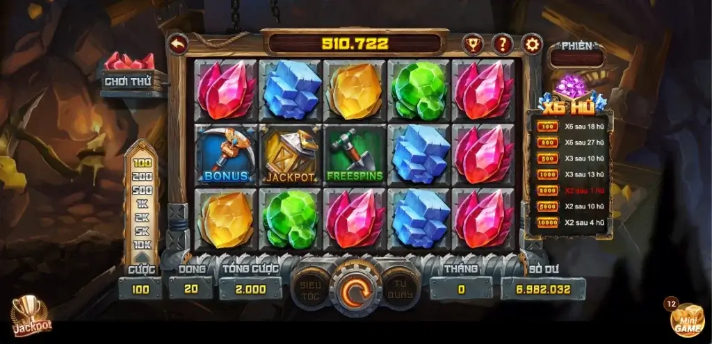Giao diện game slot Mỏ Đá Quý tại LC79 với các biểu tượng đá quý trả thưởng cao