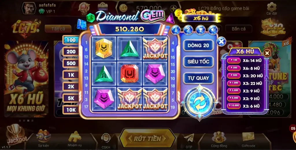Giao diện slot Diamond Gem tại LC79 – 20 dòng trả thưởng, biểu tượng JACKPOT và nút Siêu tốc, Tự quay