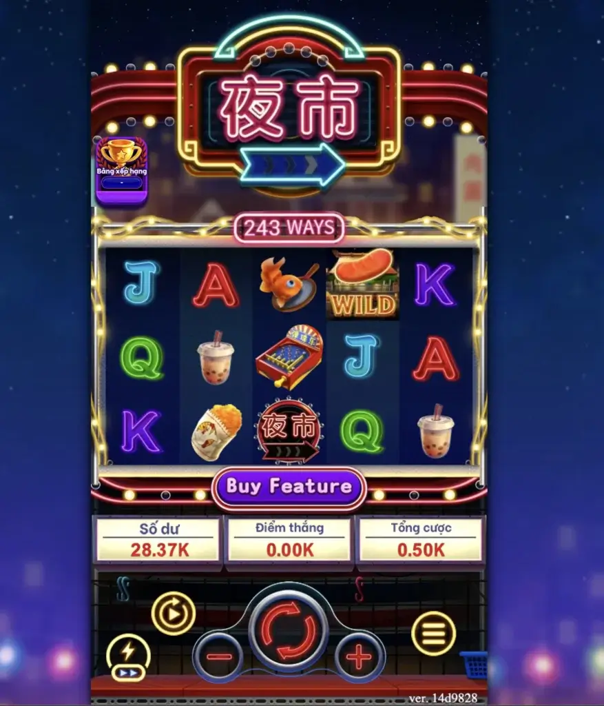 Giao diện slot Night Market (FC) tại LC79, bố cục 5×3, 243 Ways, có nút Buy Feature và các biểu tượng Wild, Scatter trên màn hình.