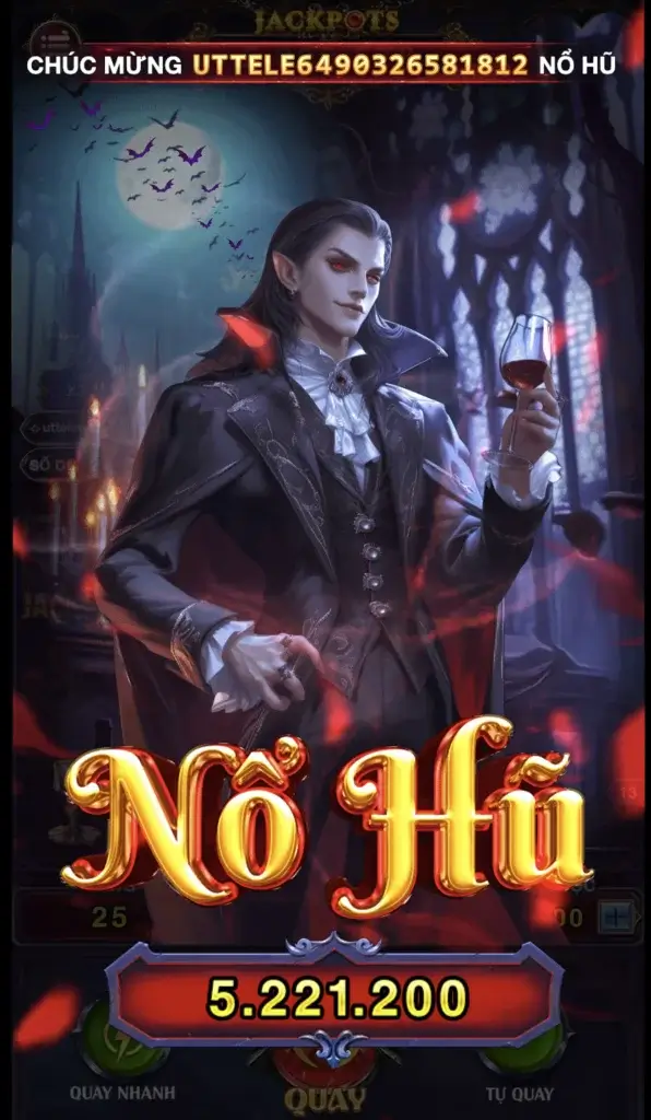 Màn hình game Slot Vampire tại LC79 với Jackpot, biểu tượng Wild, Bonus và Scatter – hướng dẫn quay 25 dòng, săn X6 hũ.