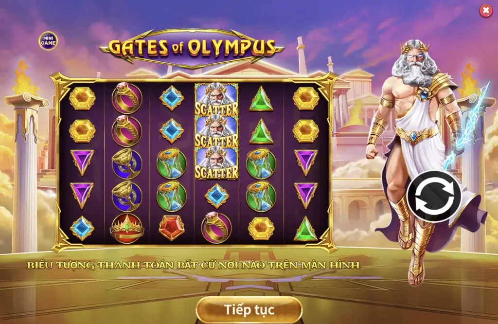 Màn hình chơi slot Gates of Olympus tại LC79 với thần Zeus và các biểu tượng đá quý